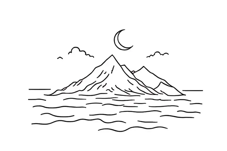 Mountain And Sea With A Moon Fine Tattoo