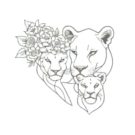 Lioness Crown And Cub And Flowers Around