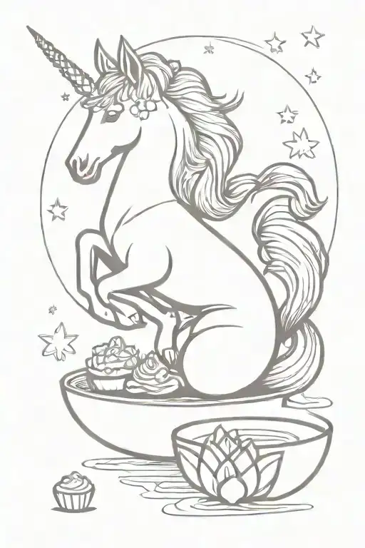 Unicorn In Lotus Position With Bowl And Whisk And Cupcake