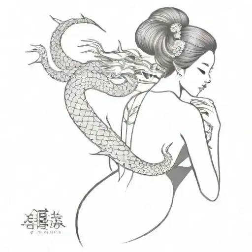 Large Oriental Female Geisha And Dragon Back