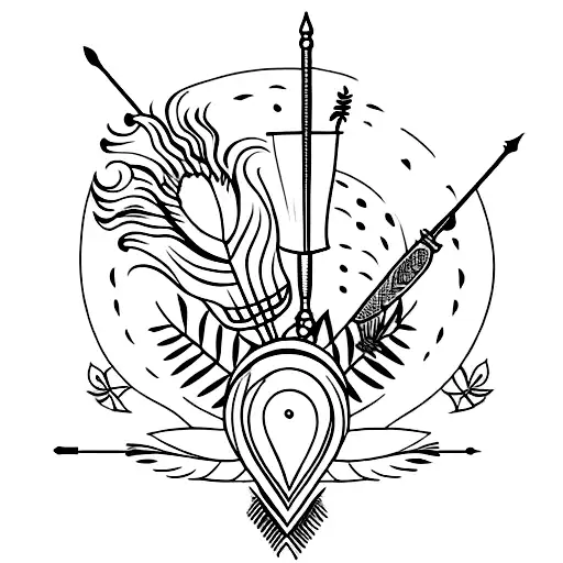 Bow And Arrow With Peacock Feather And Flute