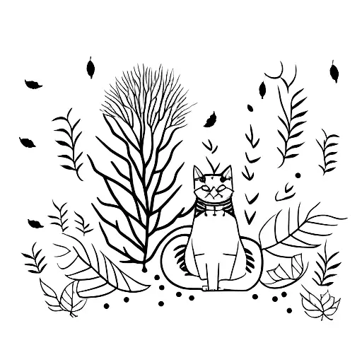 A Minimalist Tattoo Of A Cat Silhouette Surrounded By Falling Autumn Leaves