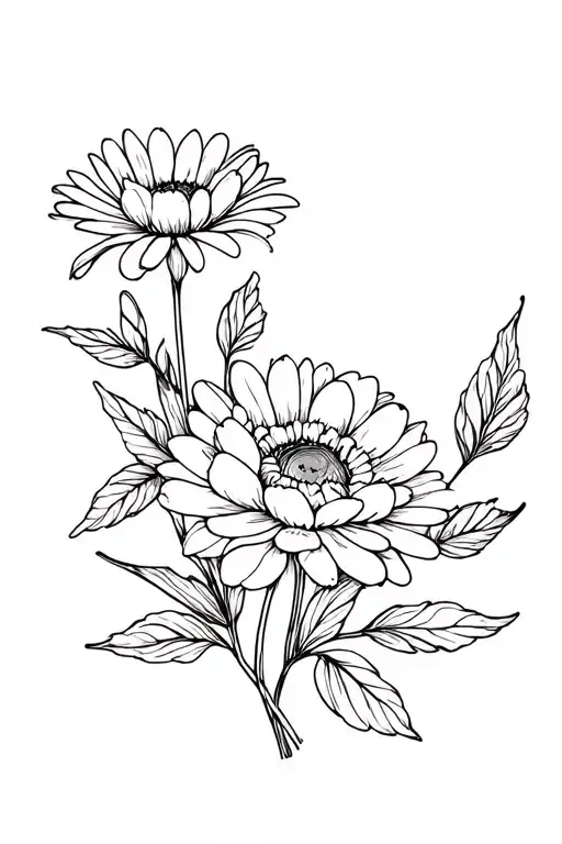 Daisy And Peony Flower Bouquet Fine Line Tattoo With Leaves And Stems