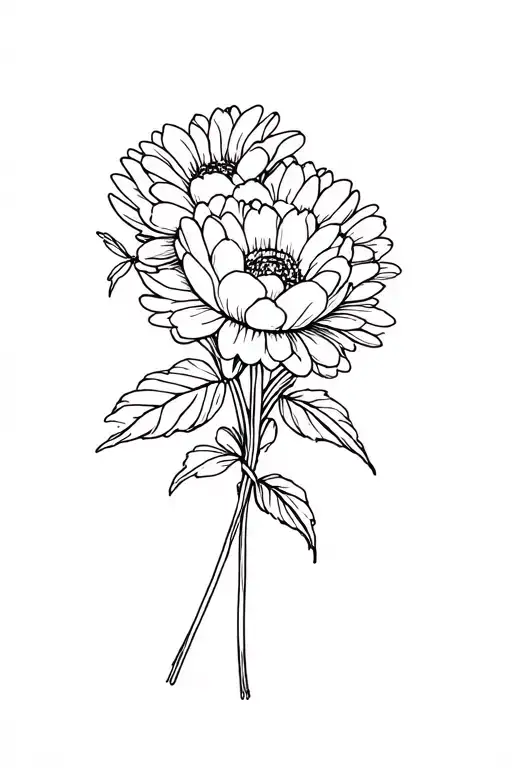 Daisy And Peony Flower Bouquet Tied Fine Line Tattoo With Leaves And Stems