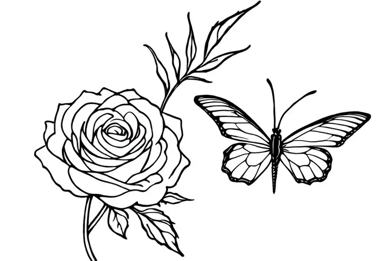 Fine Line Rose And Butterfly