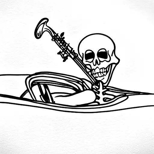 Skeleton Sitting On A Car Door Playing A Saxophone