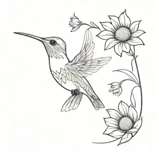 Small Hummingbird Flying Next To A Small Sunflower