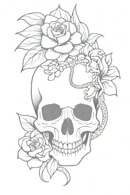 Fineline Skull With Flowers And Snake