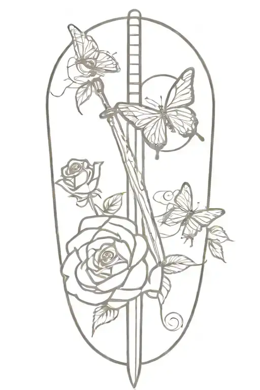 Sword With Roses Around It With A Small Butterfly On The Rose
