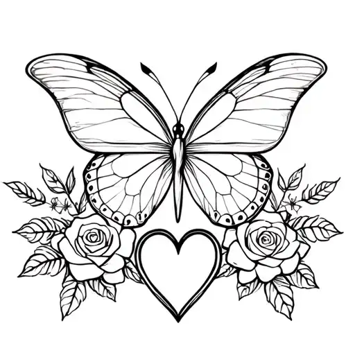 Butterfly Intertwined With Rose And Honeysuckle And Involving A Heart