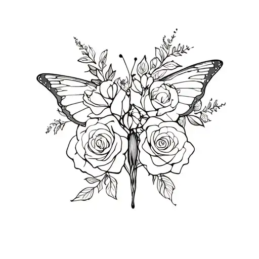 Butterfly Intertwined With Rose And Honeysuckle Bouquet Linnework