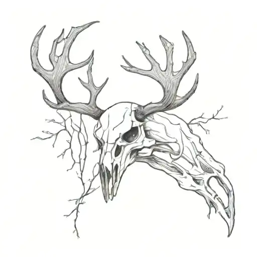 A Dead Deer Skull On The Ground That Still Has Its Antlers And A Crow Is On The Dead Deers Antlers