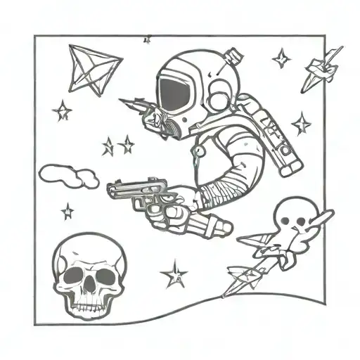 Tiny Astronaut With Tiny Gun Shooting Tiny Paper Airplane Around Tiny Skull