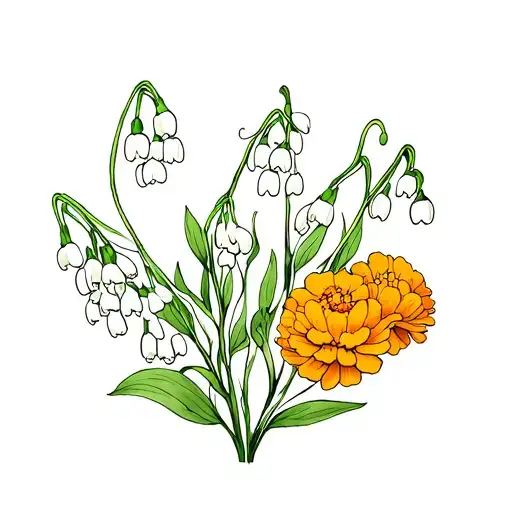 Lily Of The Valley And Marigolds Boquet Held Together