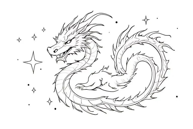 White Dragon Lying In A Starry Sky Filled