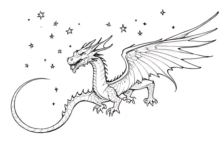 White Dragon With Wings Flying In The Sky With Stars The Moon