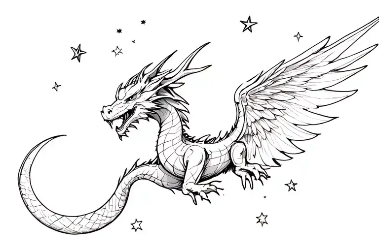 White Dragon With Wings Flying In The Sky With Stars The Moon