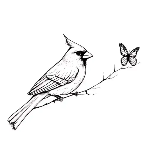 Cardinal With Small Butterfly On Its Beak