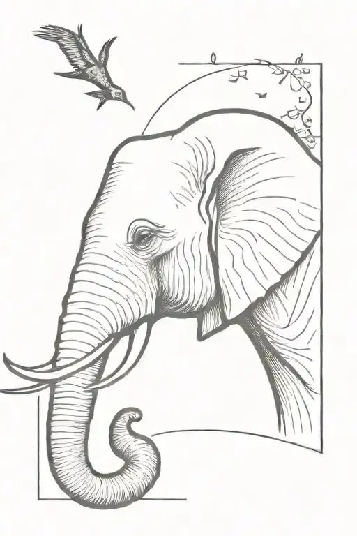 Head Of An Elephant With A Small Starling Flying Around