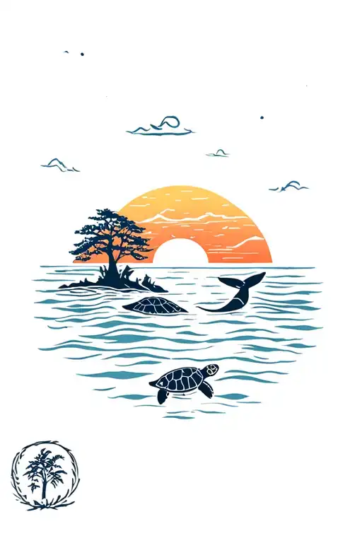 Sunset On The Sea With A Sea Turtle And A Whale In Front Of A Traveler's Tree And A Straw-in-queue