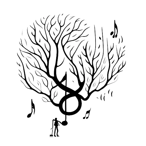 A Silhouette Of A Person Walking In A Forest With Musical Notes Floating Around Them