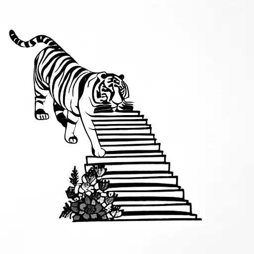 Tiger Waling Down Steps Under An Arch Of Flowers Lowers
