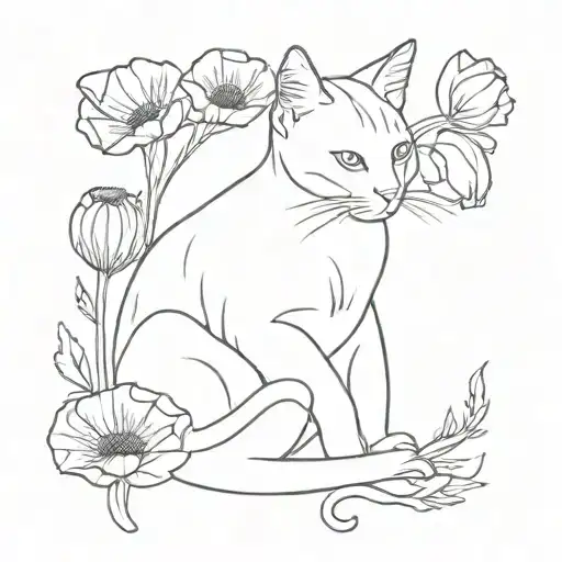Sitting Cat With Poppy Flower