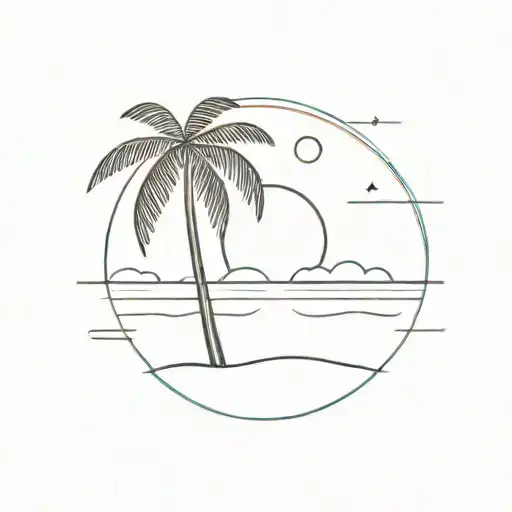 A Minimalist Design Of A Sun Setting Over The Sea With A Palm Tree On The Beach