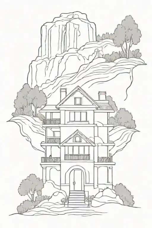 A House In The Mountain With A Three Arch Porch Outside And A Triple Fountain In A Place