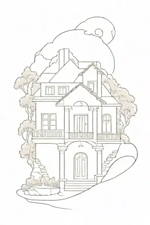 A House In The Mountain With A Three Arch Porch Outside And A Triple Fountain In A Plaza