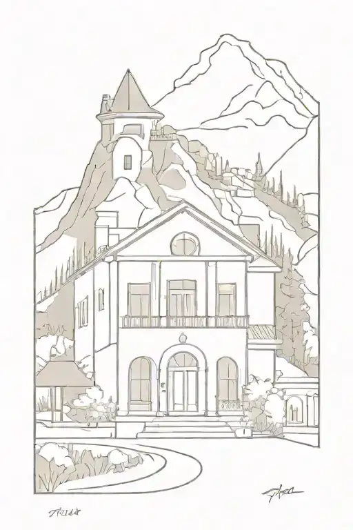 A House In The Mountain With A Three Arch Porch Outside And Fountain In A Plaza