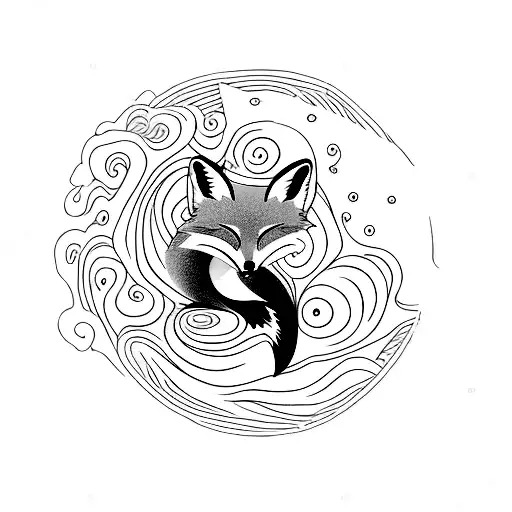 Sleeping Fox On A Cresent Moon With Swirl Clouds