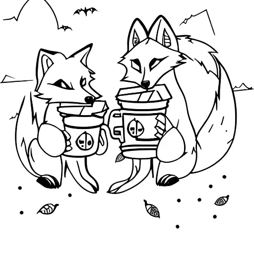A Fox Kit And Wolf Pup In Halloween Costumes Drinking Butterbeer Together