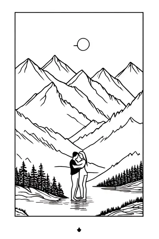 Mountains And River And Forest And Couple Hugging Each Other