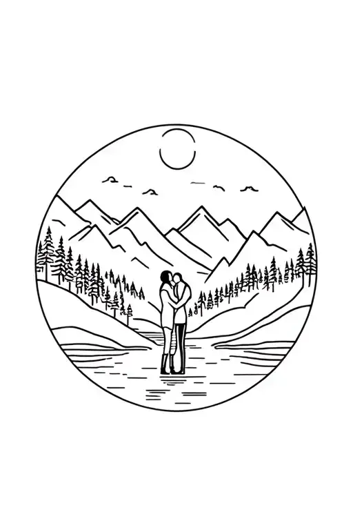 Mountains And River And Forest And Couple Hugging Each Other