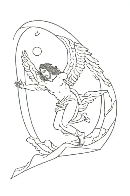 Levitating Male Angel With Wings Against A Background Of A Mountain And The Moon In A Cycle