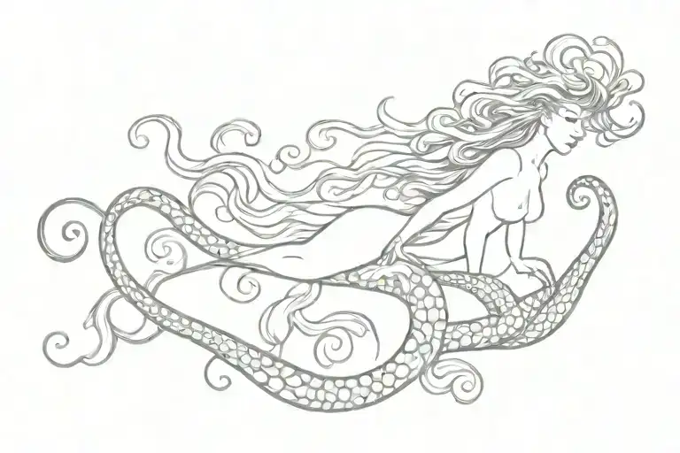 Mermaid With Curly Hair And Tattoos Riding An Octopus