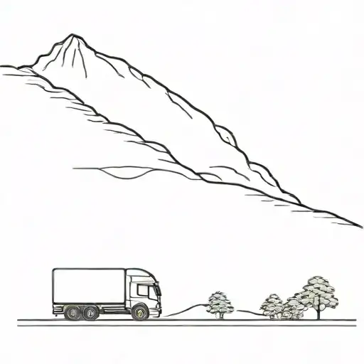 A Lorry Truck With A Mountain Behind It And A Man Hiking On The Mountain