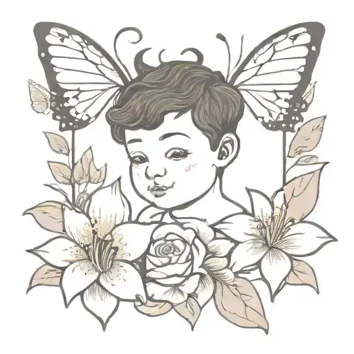 A Colorful Portrait Of A Black Haired Brown Eyed Cherub With Lillies And Roses And Butterflies