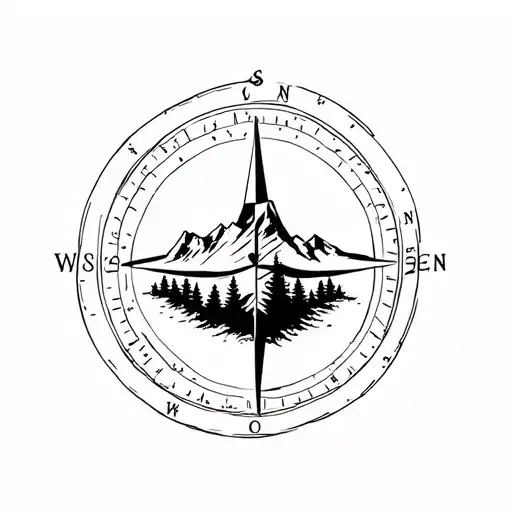 Compass With Trees And Mountains Inside Of It