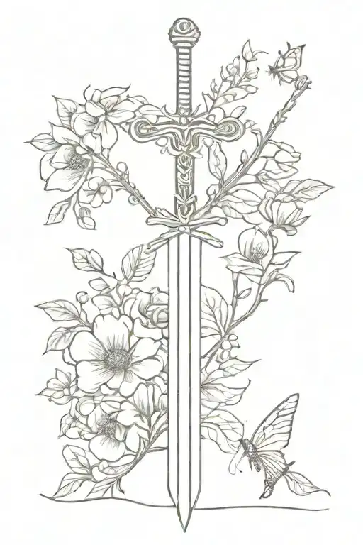 Sword With Butterfly And Flowers Intertwined