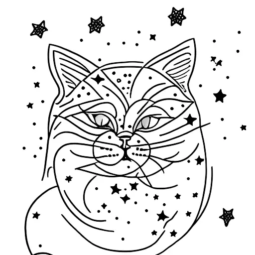 A Minimalist Tattoo Of A Cat Sitting On A Cloud With Stars All Around