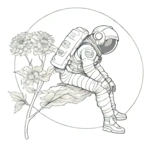 Tattoo Of An Astronaut In Profile Sitting On Top Of The Full Moon Looking At A Chrysanthemum