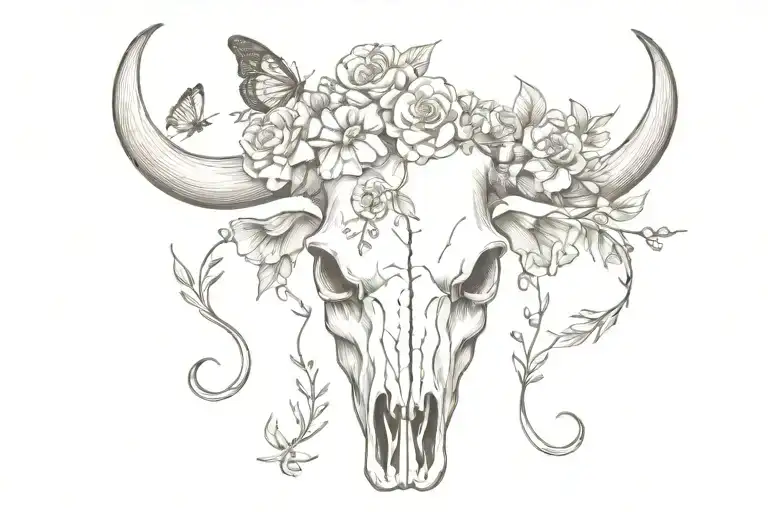 Long Horn Cow Skull With Butterflies And Flowers Intertwined