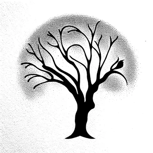 Oak Tree With Two Sparrows Flying Above It