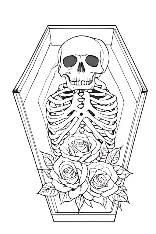 Skeleton In Coffin With Roses