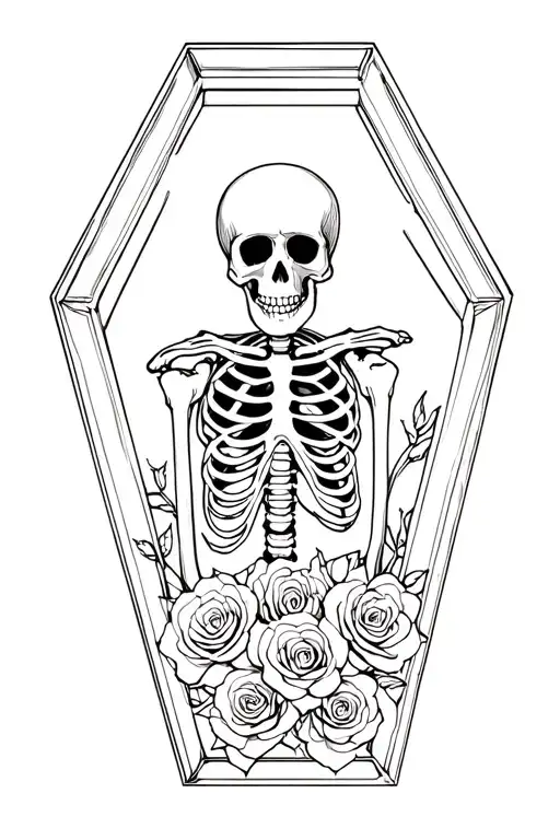 Skeleton In Coffin With Roses