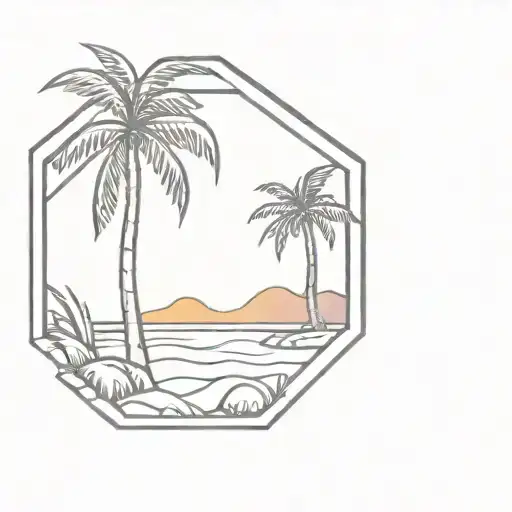 Beach Scene Featuring Palm Trees And Sunset Inside A Hexagon
