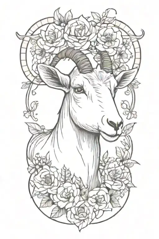 A Simple Feminine Face Goat In A Circle With Flowers Coming For A Small Flash