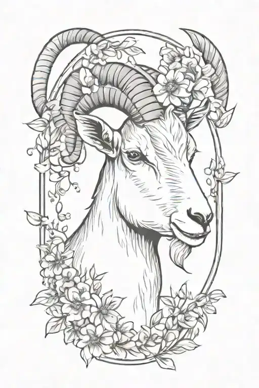 A Small Simple Feminine Face Goat In A Circle With Few Flowers Coming For A Small